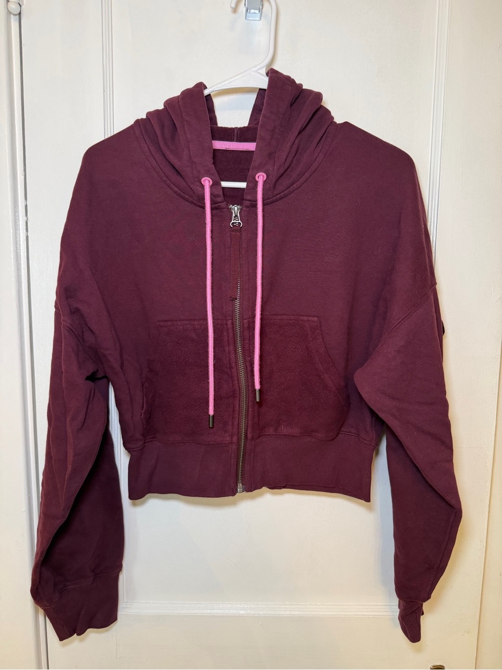 Stori Cropped Burgundy Zip Hoodie with Pink Drawstrings